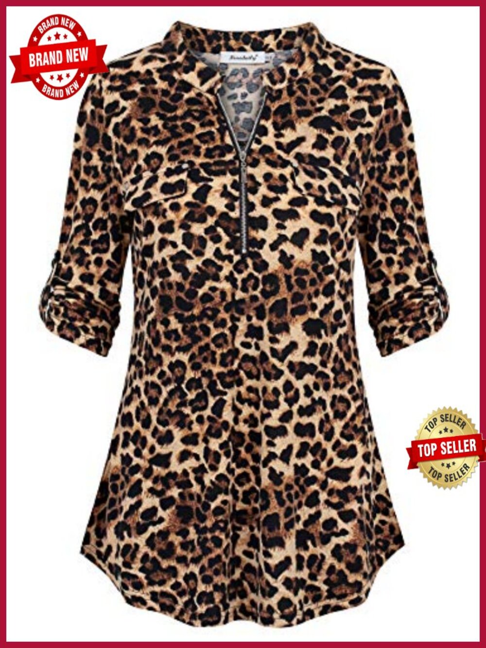 3/4 Sleeve Zip Floral Tunic Blouse with V-Neck